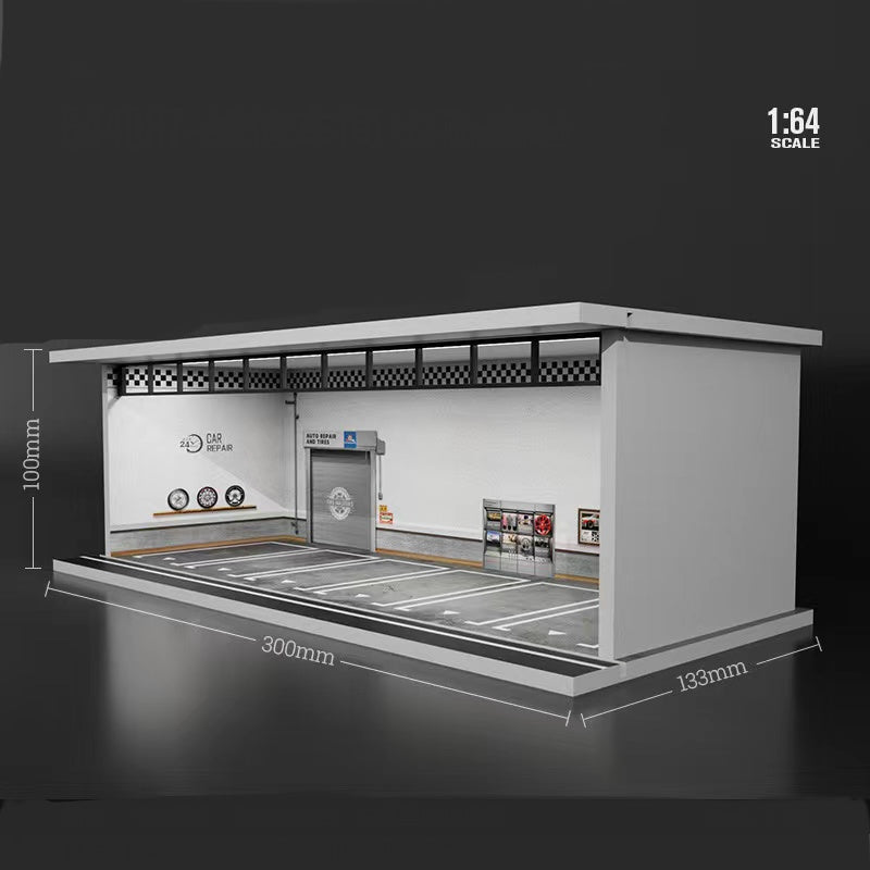 Car Repair Garage Diorama with LED Lights & Perspex Cover Morearts 1:64