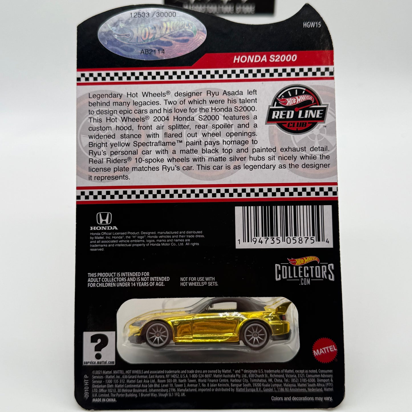 Honda S2000 #12533/30000 Gold RLC Red Line Club Hotwheels