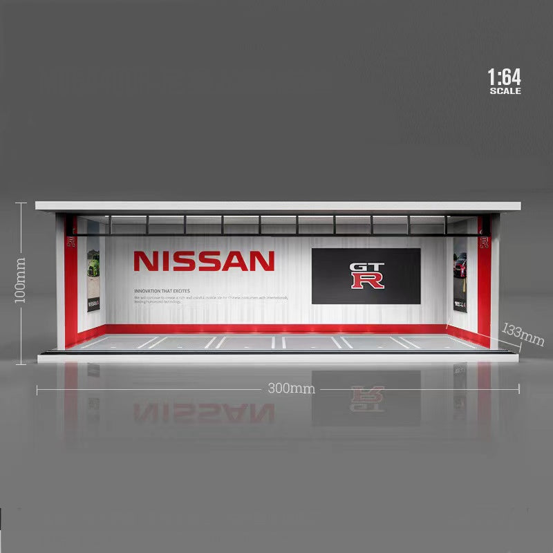 NISSAN Garage Diorama with LED Lights & Perspex Cover Morearts 1:64