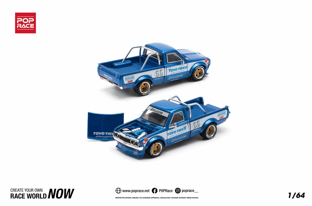 DATSUN 620 UTE PANDEM BLUE/WHITE TOYO TIRES - POP RACE 1:64