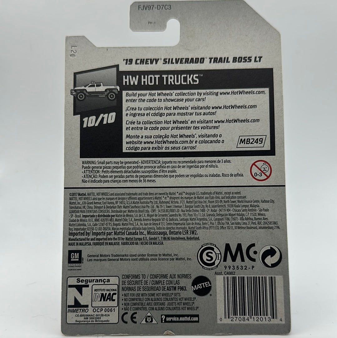 ‘19 Chevy Silverado Trail Boss LT - HW Hot Trucks 10/10 Hotwheels Mainline 299/365 *Damaged Card*