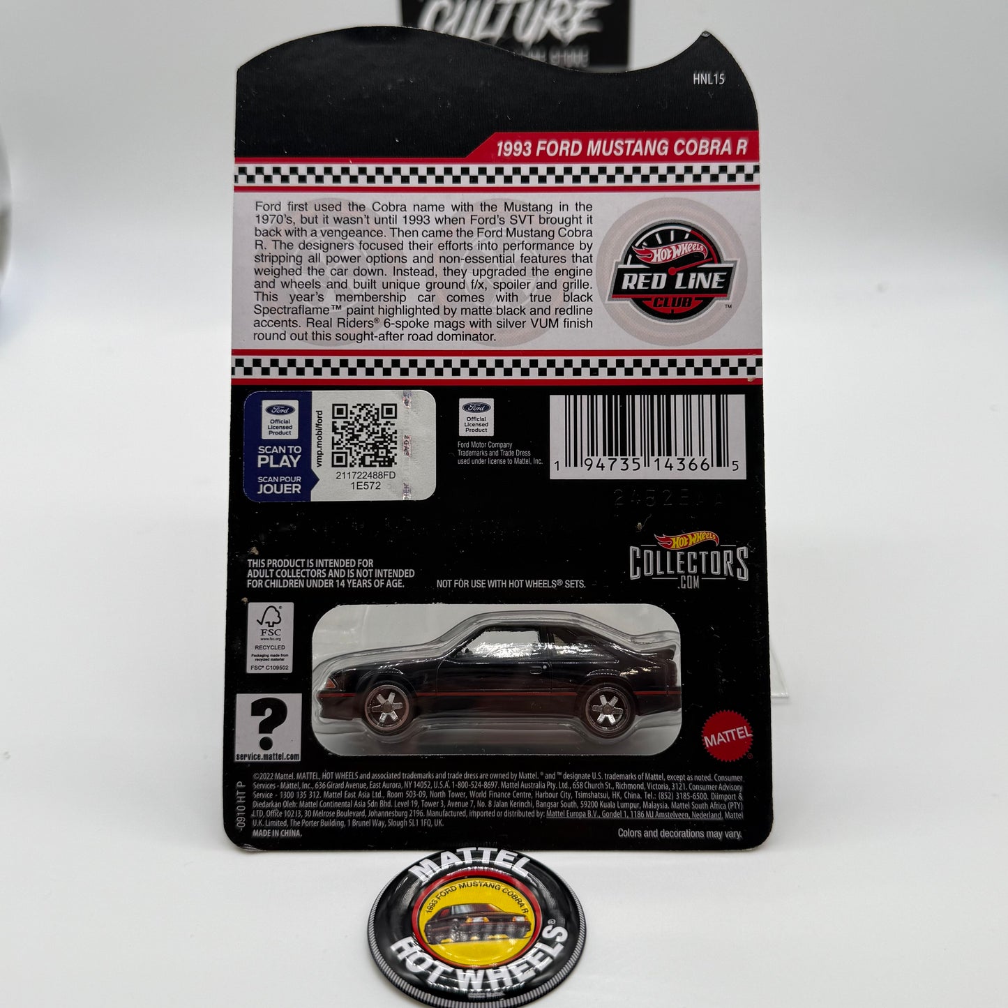 1993 Ford Mustang Cobra R - Club Exclusive Hotwheels RLC Red Line Club *w/pin*
