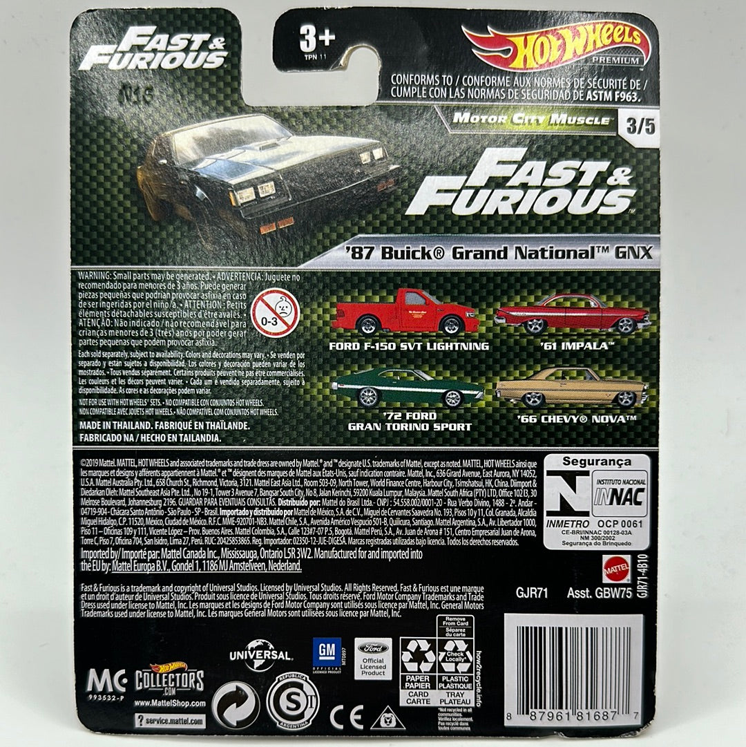 ‘87 Buick Grand National GNX Motor City Muscle 3/5 Fast & Furious Hotwheels Premium 1:64 (BROKEN BLISTER)