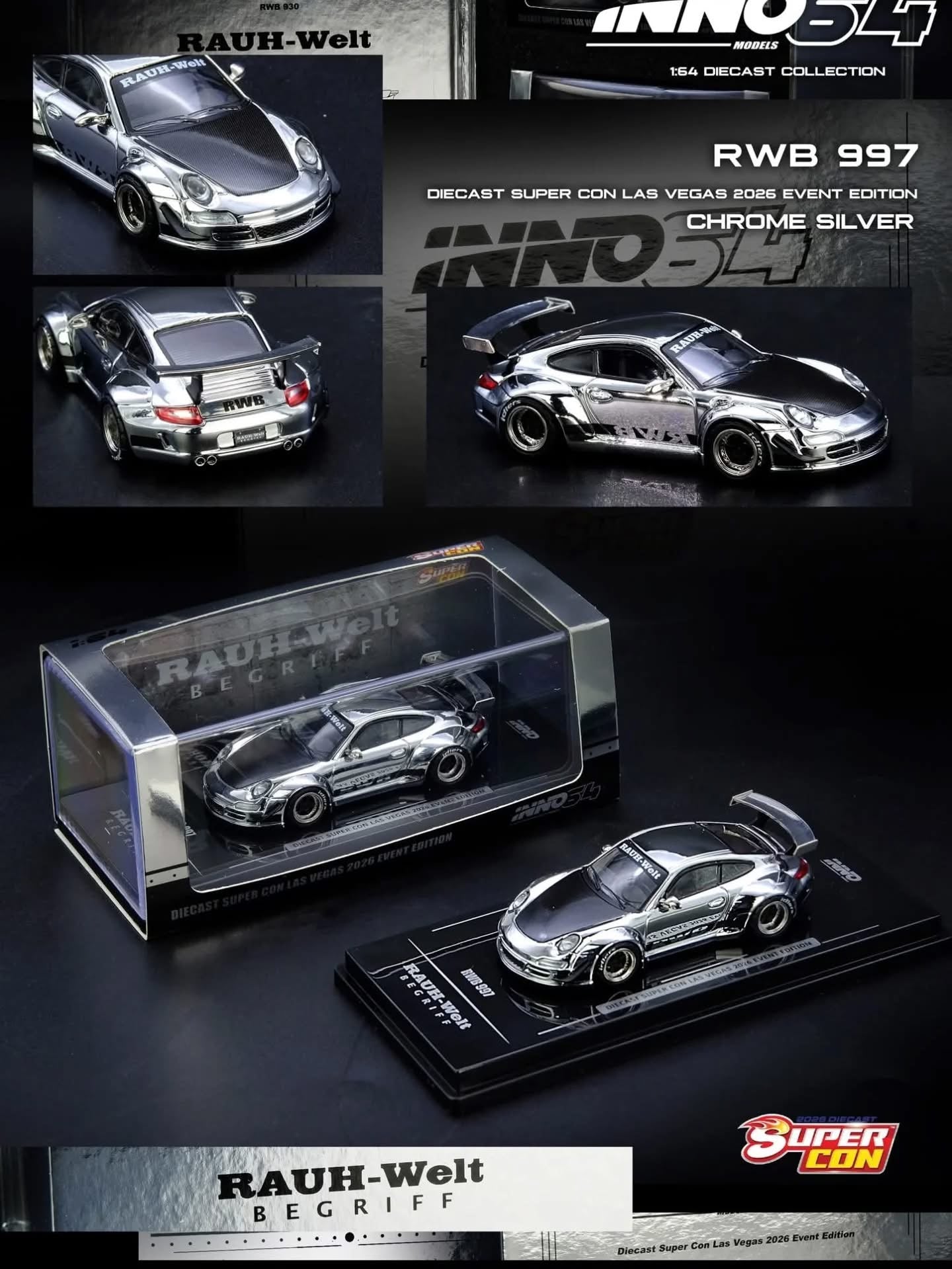 Porsche 997 RWB Chrome Silver - Diecast Supercon Las Vegas 2026 Event Edition - Inno64