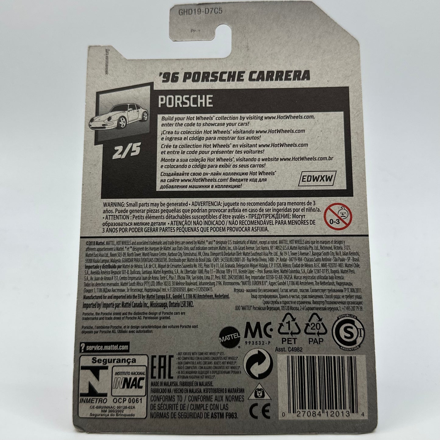 ‘96 Porsche Carrera Black - PORSCHE 2/5 Hotwheels Mainline 72/250