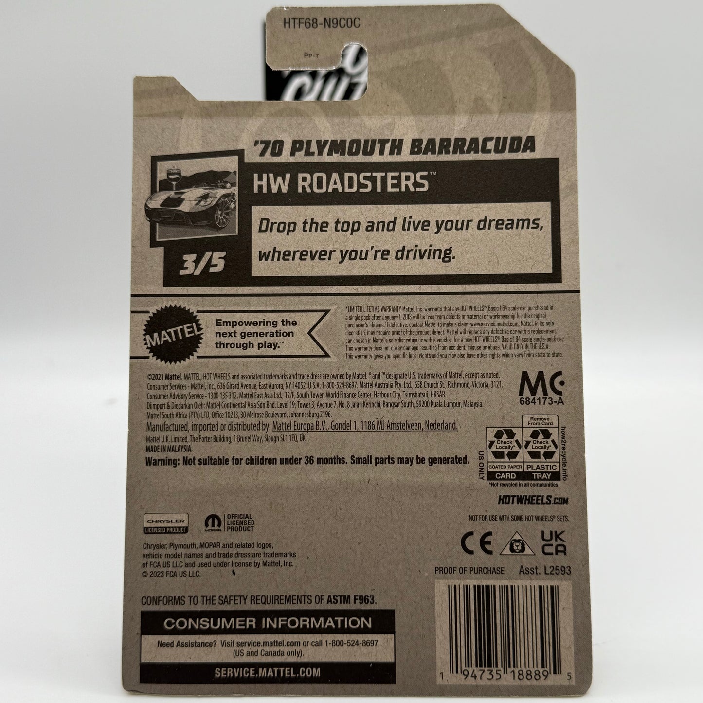 ‘70 Plymouth Barracuda *KROGER EXCLUSIVE* HW Roadsters 3/5 Hotwheels Mainline 20/250