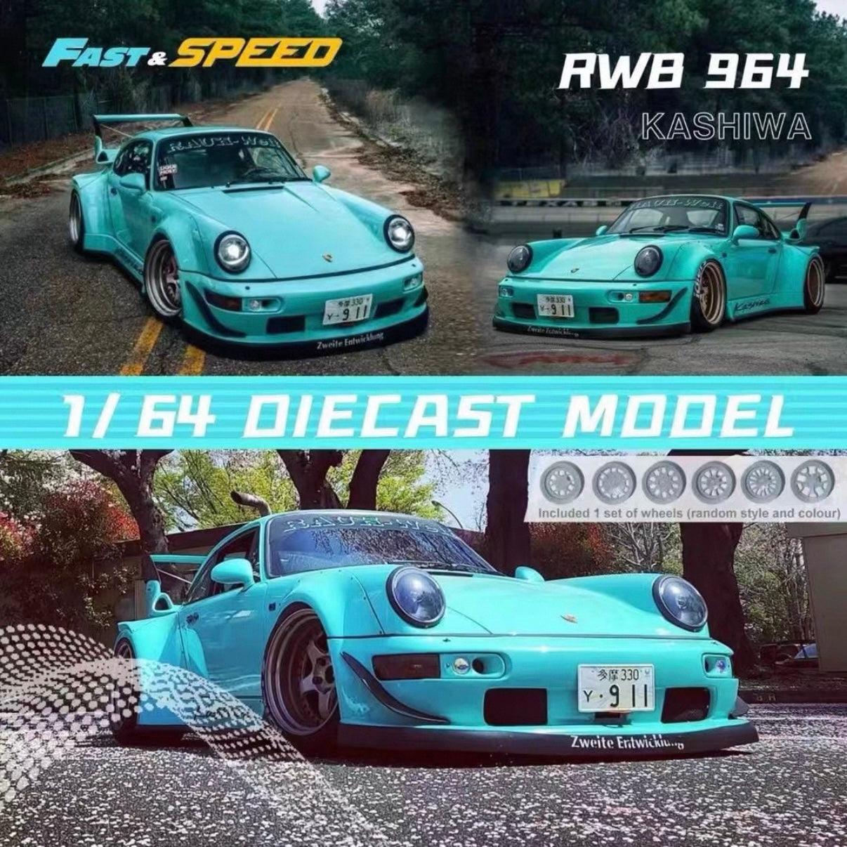 Porsche RWB 964 - Tiffany Blue 1:64 Includes 1 set spare wheels