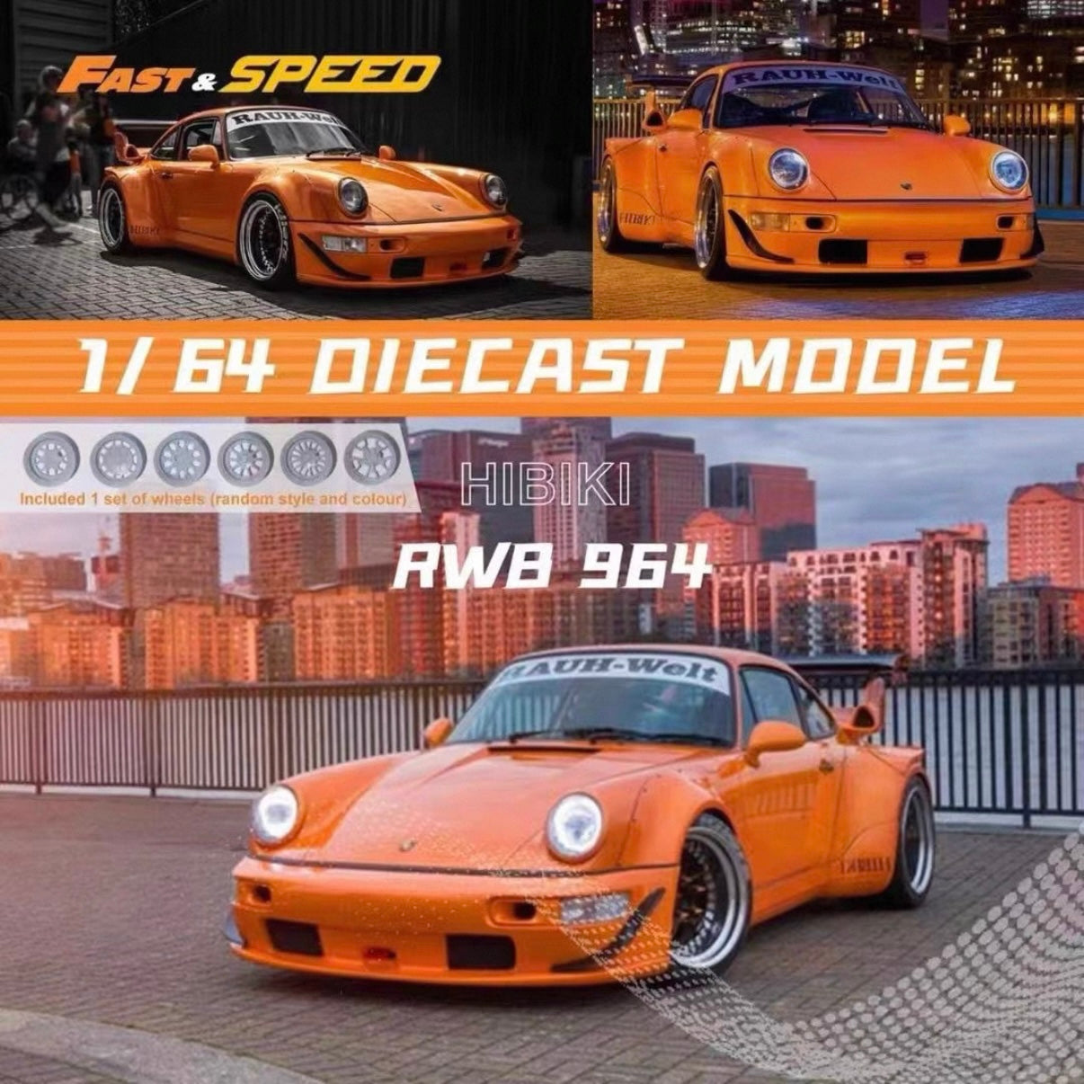 TPC 1/64 RWB 964 CALI VINTAGE オレンジ色 Fast Speed 1/64 Scale Porsche RWB 964 Orange Diecast Car