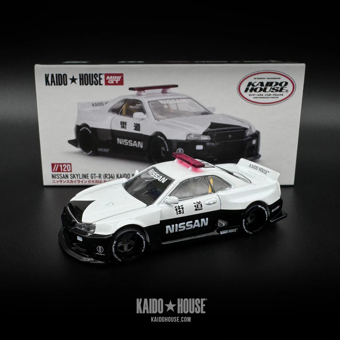 Nissan Skyline GT-R R34 Kaido Works (V2 Aero) Police - Kaido House x Mini GT