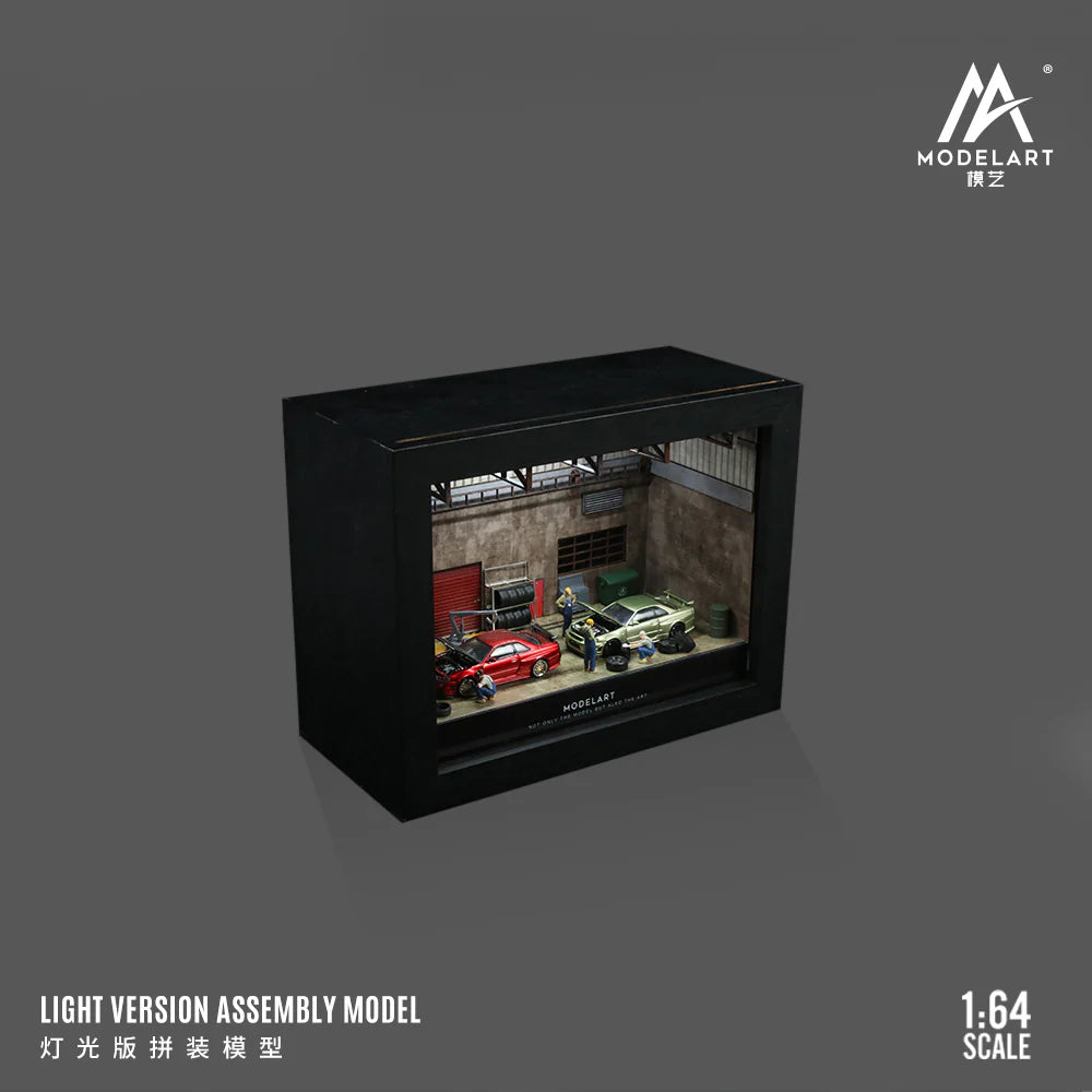 MAINTENANCE WORKSHOP PHOTO FRAME SCENE - w/ LED Lights MODELART 1:64