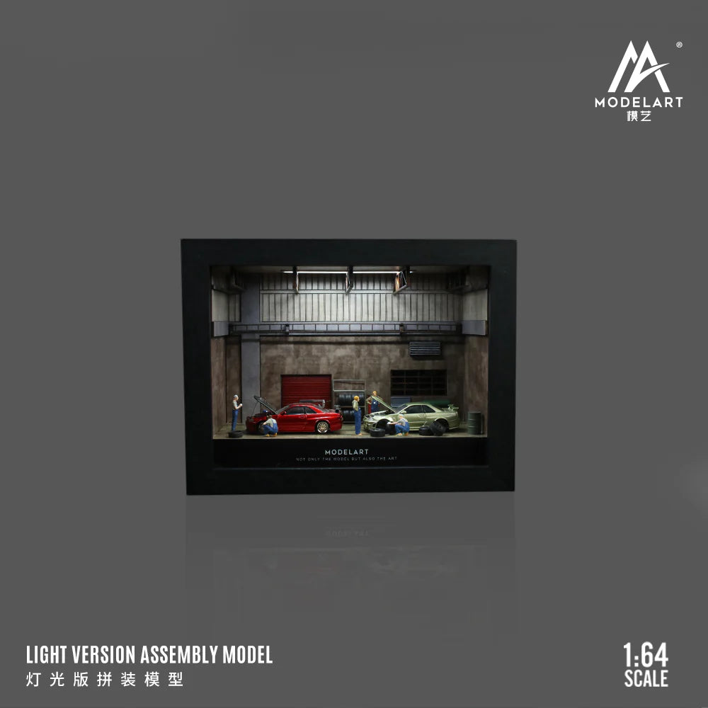 MAINTENANCE WORKSHOP PHOTO FRAME SCENE - w/ LED Lights MODELART 1:64