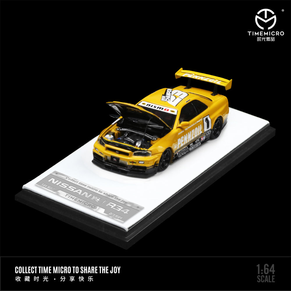 Nissan GTR34 Nismo - PENNZOIL (Yellow and Black) *Limited to 999pcs* TimeMicro 1:64