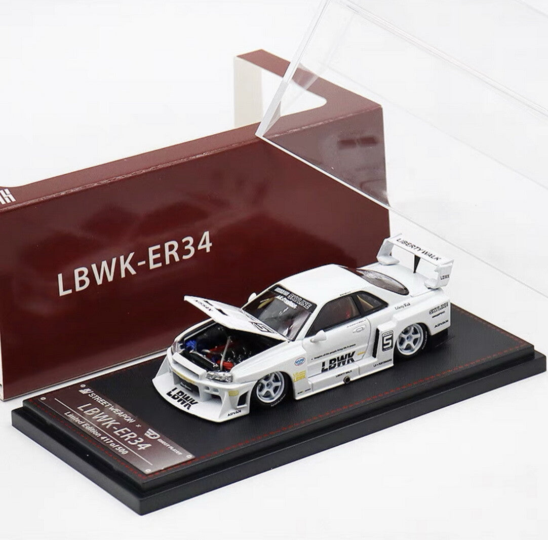 NISSAN GT-R ER34 #5 LBWK White Diecast Car - *LIMITED TO 999pcs* SW 1:64