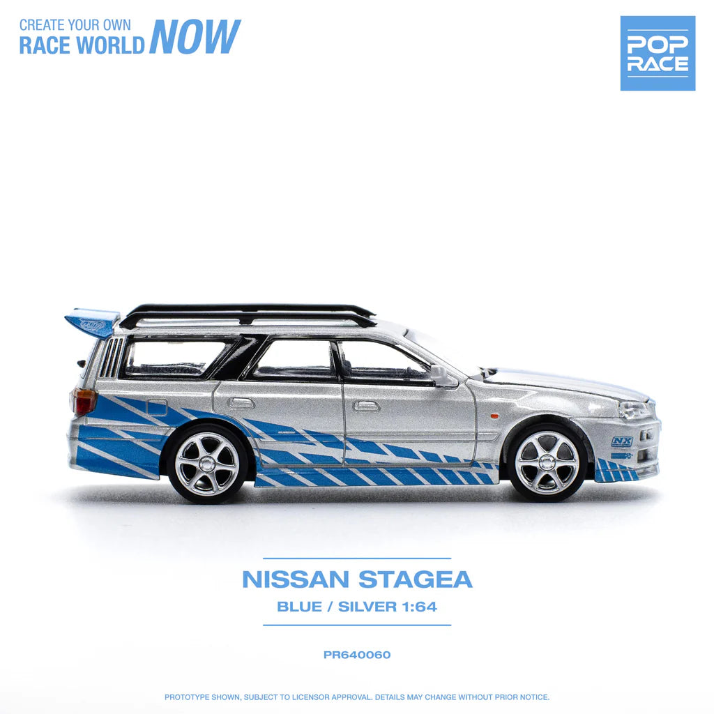 NISSAN STAGEA W/R34 GTR SKYLINE FRONT (BLUE/SILVER) POP RACE 1:64