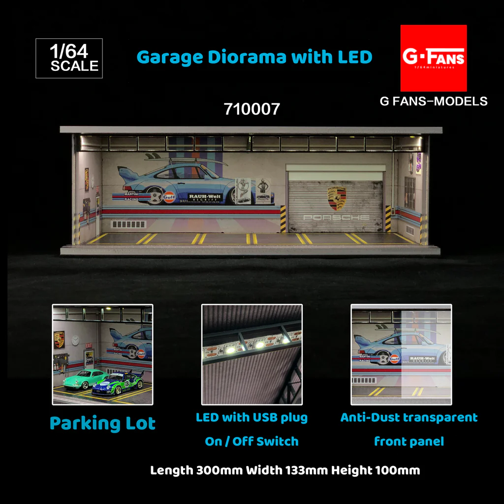 PORSCHE RWB GARAGE DIORAMA DISPLAY WITH LEDS 1:64 Scale