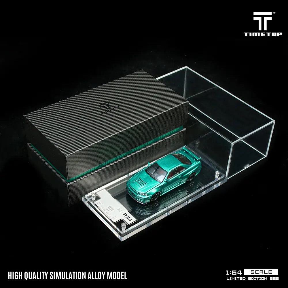 Nissan Skyline GTR R34 Green Carbon Hood Diecast Time TOP 1:64