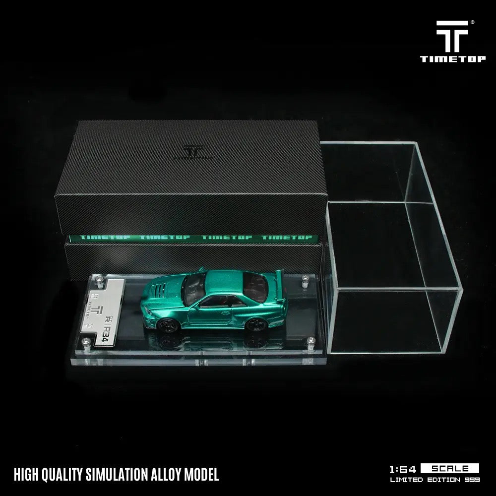 Nissan Skyline GTR R34 Green Carbon Hood Diecast Time TOP 1:64