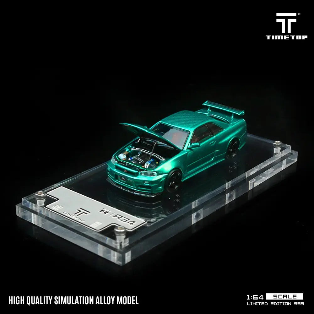 Nissan Skyline GTR R34 Green Carbon Hood Diecast Time TOP 1:64