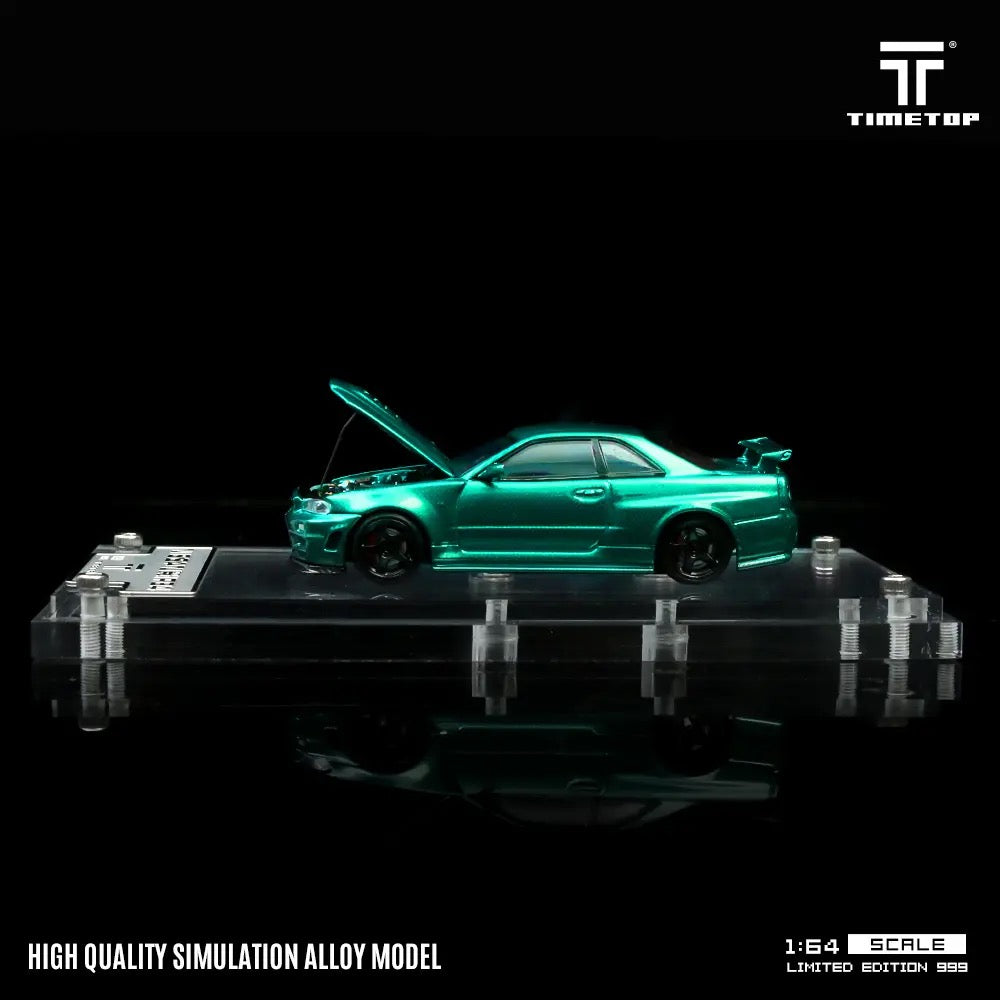 Nissan Skyline GTR R34 Green Carbon Hood Diecast Time TOP 1:64