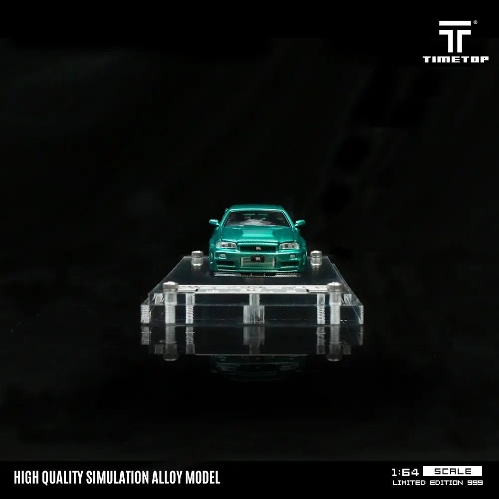 Nissan Skyline GTR R34 Green Carbon Hood Diecast Time TOP 1:64