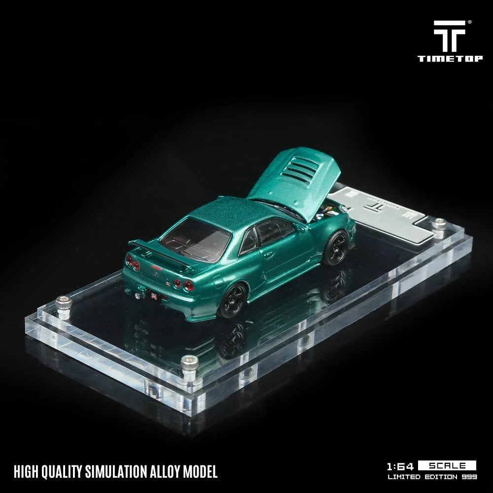 Nissan Skyline GTR R34 Green Carbon Hood Diecast Time TOP 1:64