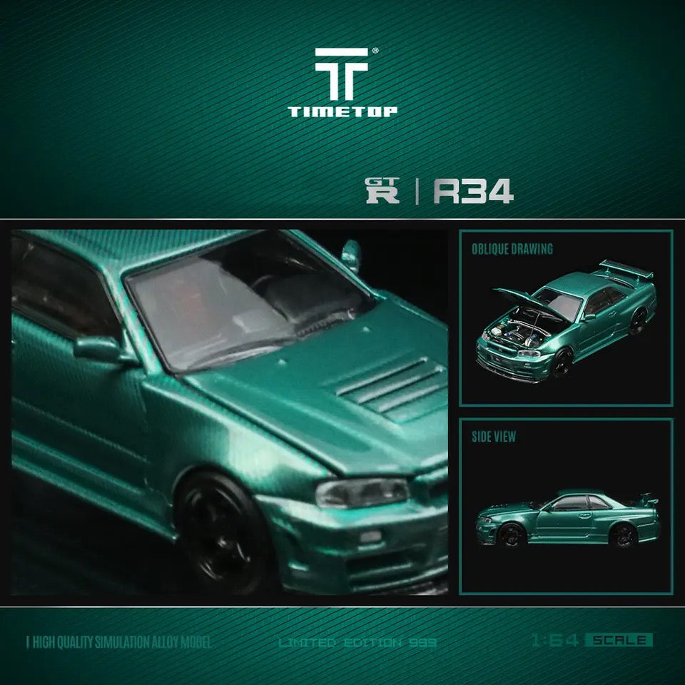 Nissan Skyline GTR R34 Green Carbon Hood Diecast Time TOP 1:64