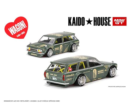 Datsun 510 Wagon 010 Green Kaido house x MiniGT 1:64 Scale