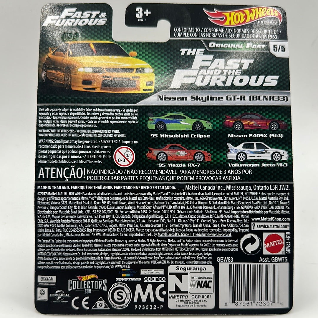 Nissan Skyline GT-R (BCNR33) Fast & Furious - ORIGINAL FAST 5/5 Hotwheels Premium R33