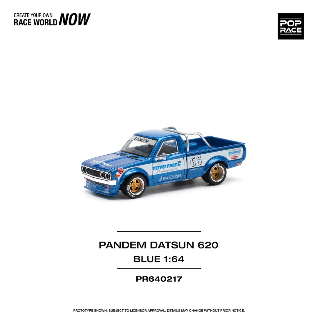 DATSUN 620 UTE PANDEM BLUE/WHITE TOYO TIRES - POP RACE 1:64