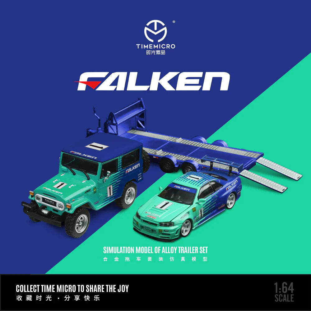 FALKEN SET Toyota FJ40, Nissan Skyline R34 GTR + Trailer - Timemicro LIMITED to 999pcs