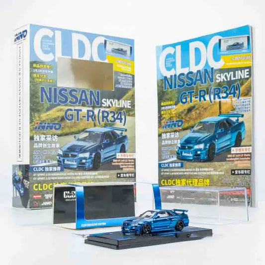 Inno 64 x CLDC - Nissan Skyline GT-R (R34) in Full Chrome Blue Carbon Magazine - China Exclusive Only "English Version"