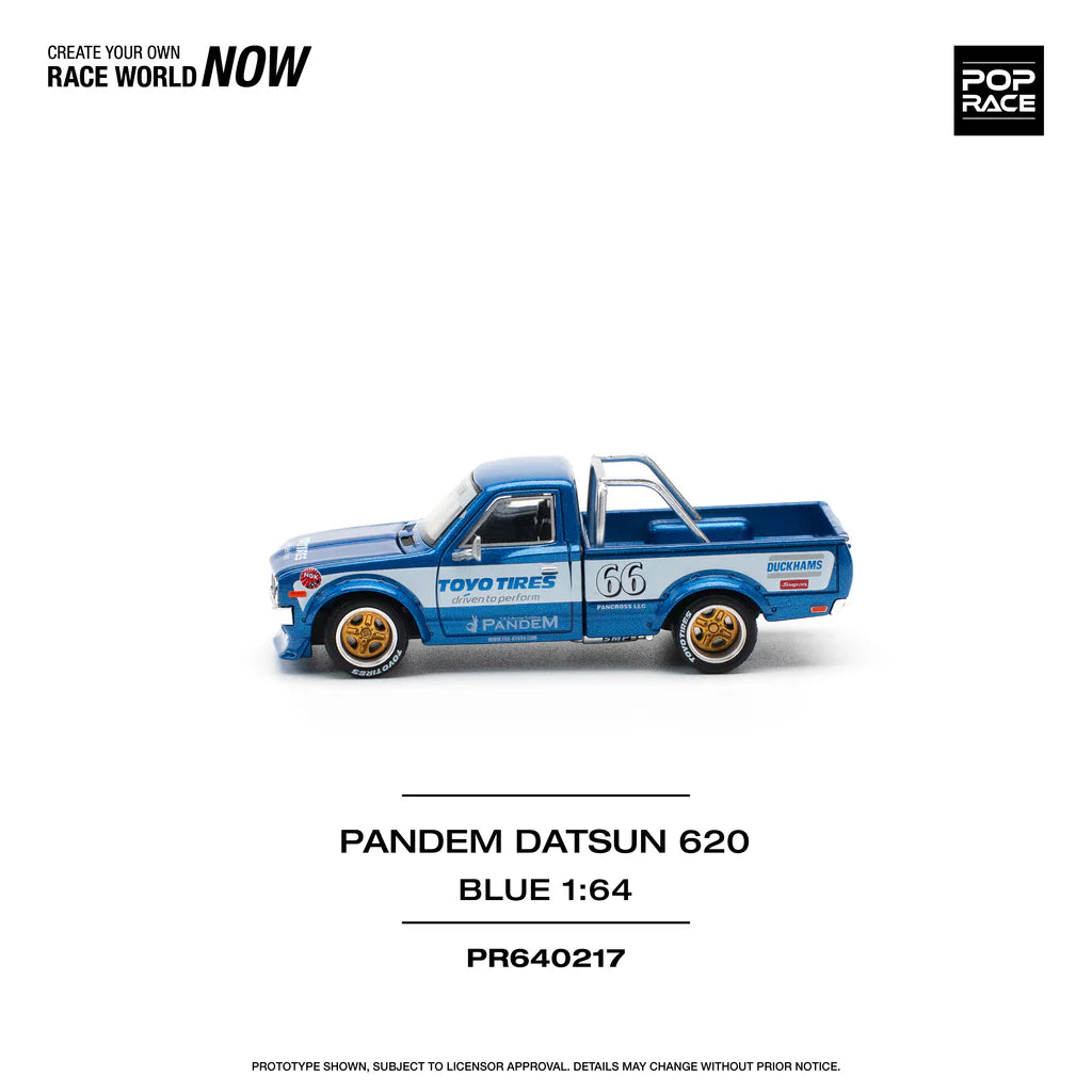 DATSUN 620 UTE PANDEM BLUE/WHITE TOYO TIRES - POP RACE 1:64