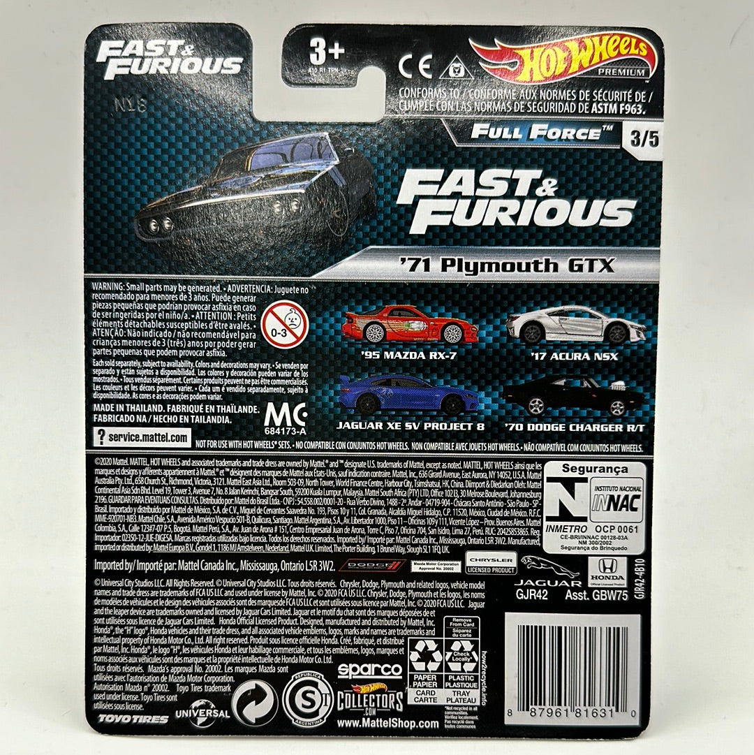 ‘71 Plymouth GTX Full Force 3/5 Fast & Furious Hotwheels Premium 1:64