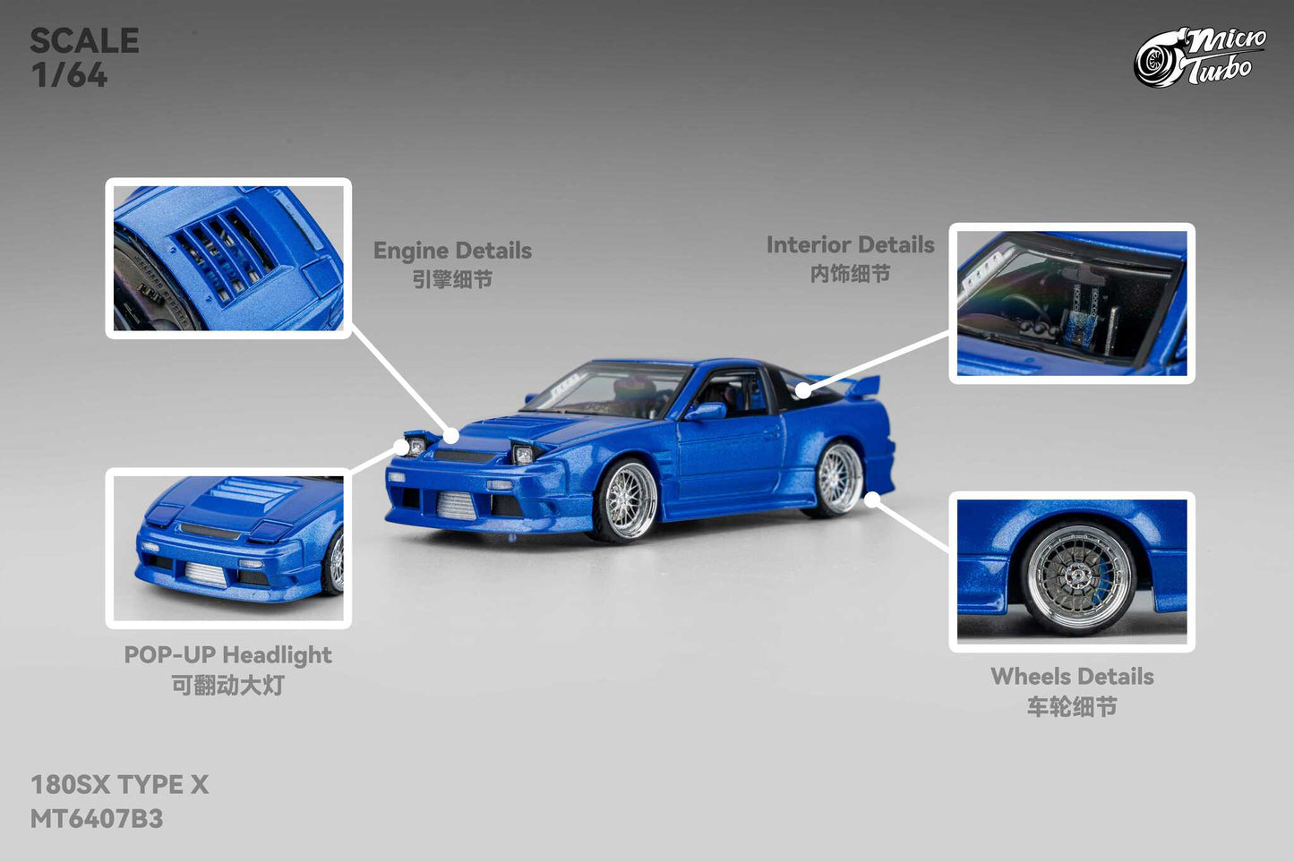 Custom 180SX Type X (Metallic Blue) Microturbo - 1/64
