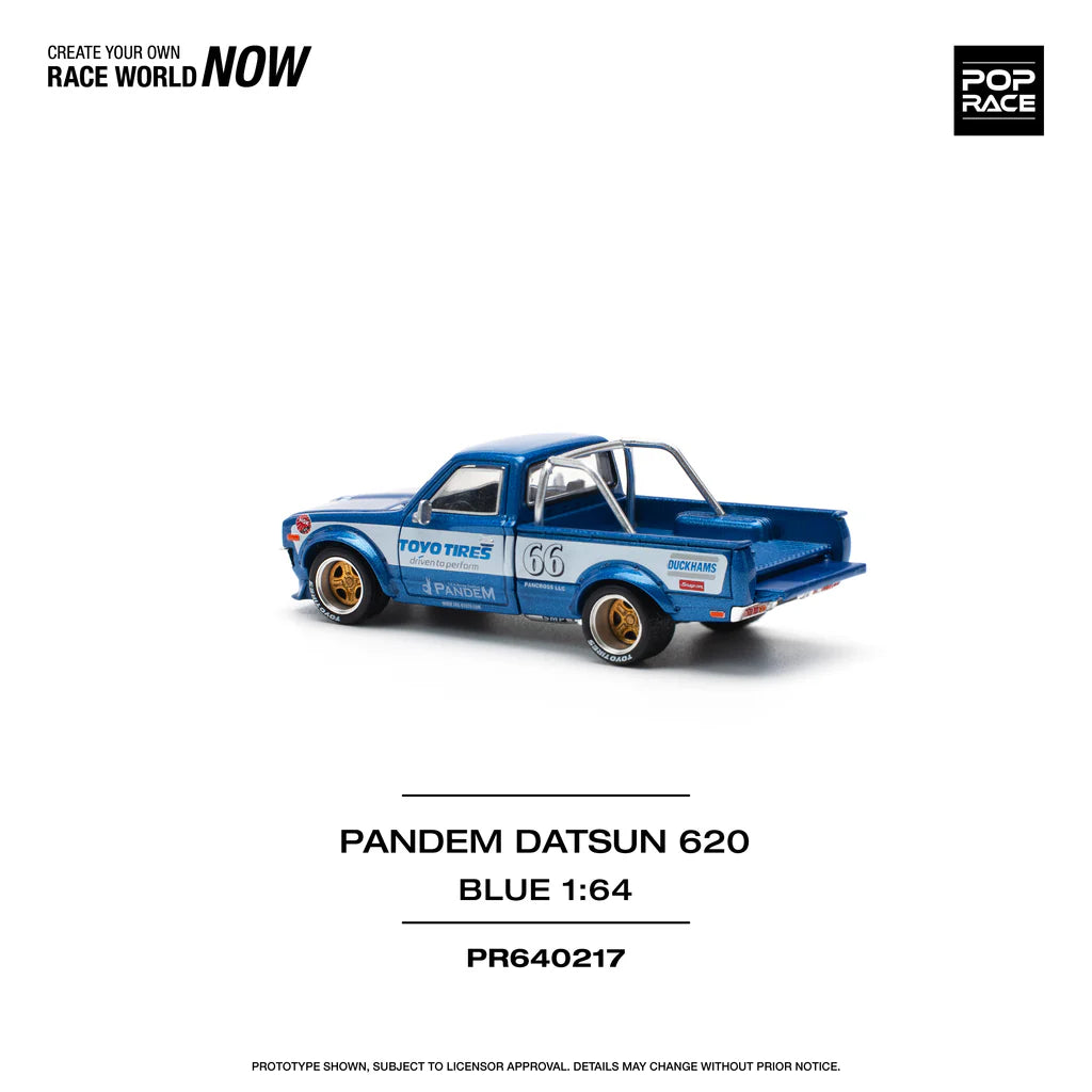 DATSUN 620 UTE PANDEM BLUE/WHITE TOYO TIRES - POP RACE 1:64