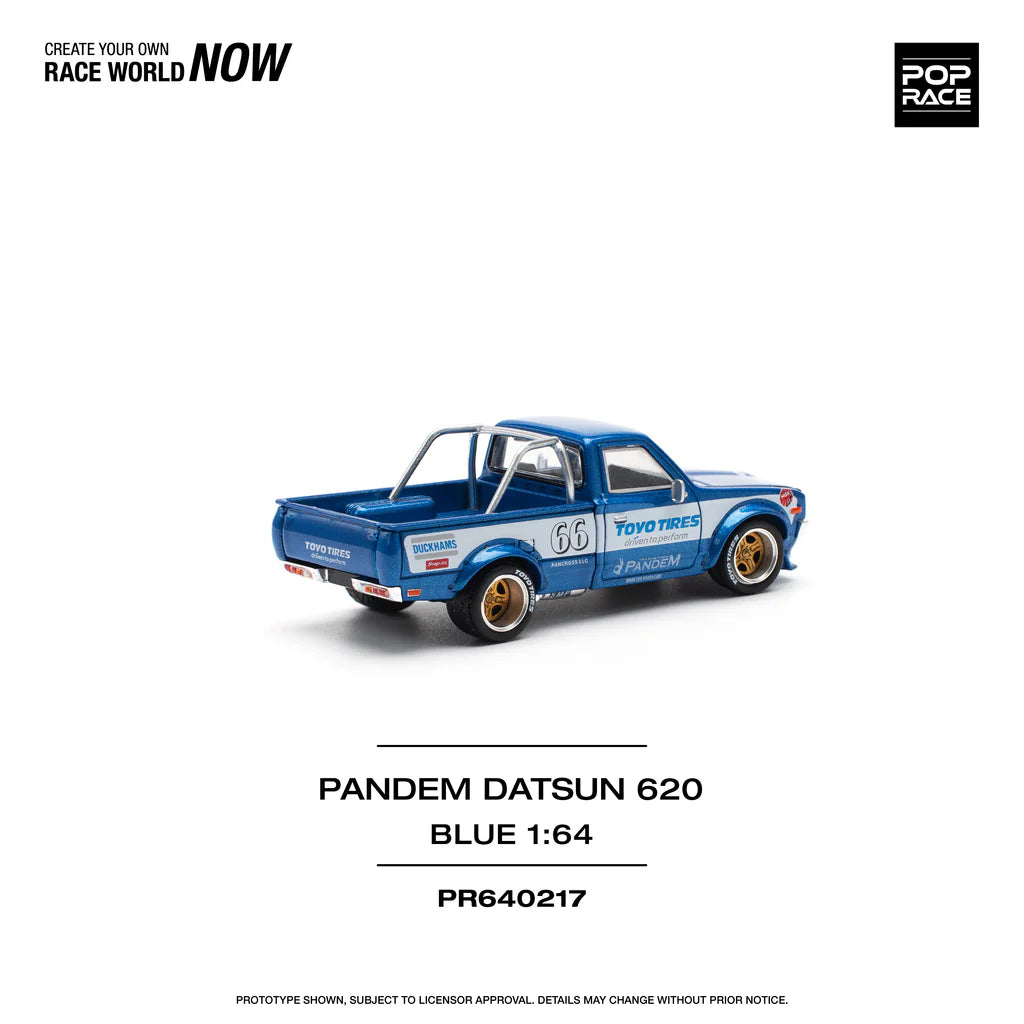 DATSUN 620 UTE PANDEM BLUE/WHITE TOYO TIRES - POP RACE 1:64
