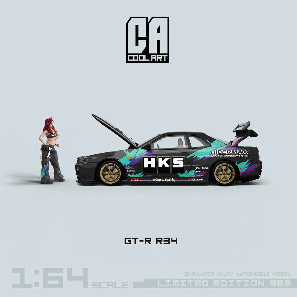 NISSAN SKYLINE GT-R R34 HKS LIVERY w/ Figure CA 1:64 Limited to 999pcs