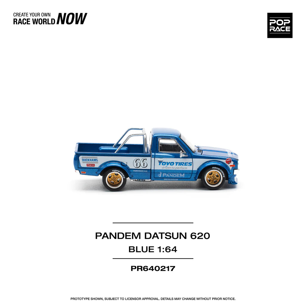 DATSUN 620 UTE PANDEM BLUE/WHITE TOYO TIRES - POP RACE 1:64