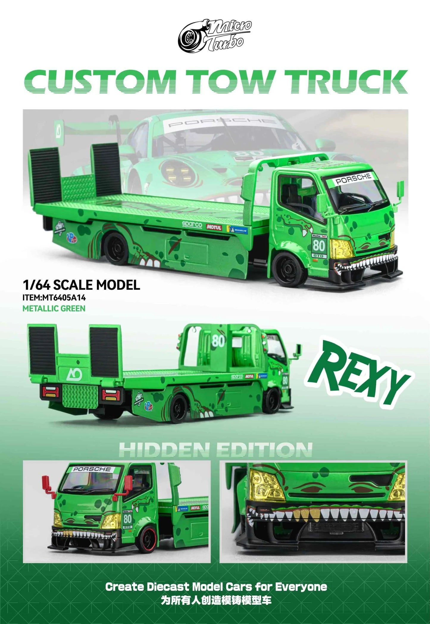 Custom Flat Bed Tow Truck REXY Dino Green - Mega Gear 1:64 Scale