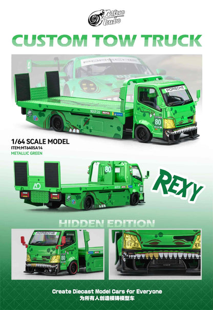 Custom Flat Bed Tow Truck REXY Dino Green - Mega Gear 1:64 Scale
