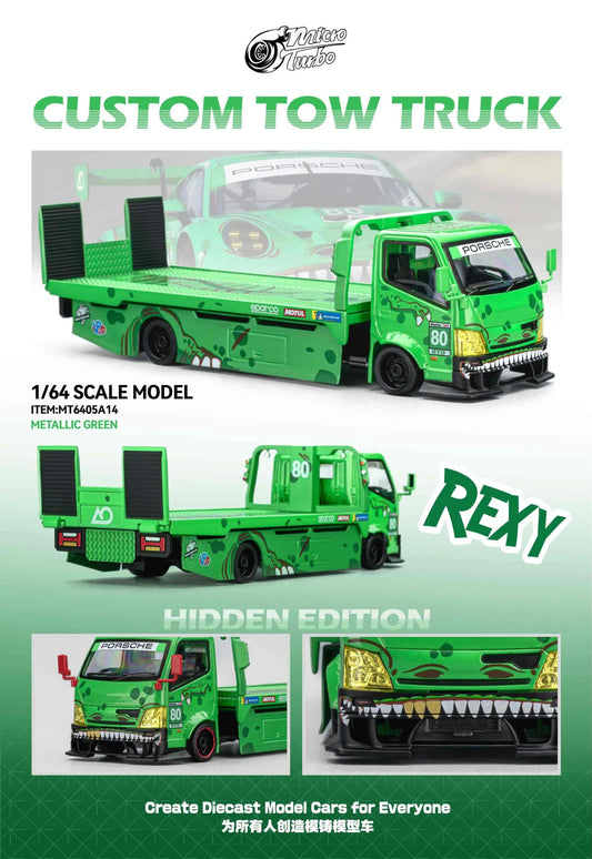 Custom Flat Bed Tow Truck Dino Green - Mega Gear 1:64 Scale