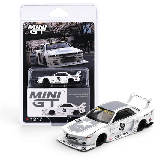 NISSAN GT-R32 LBWK KAIDO WORKS (WHITE TAS 2025) MINI GT MGT01217 - BLISTER VERSION