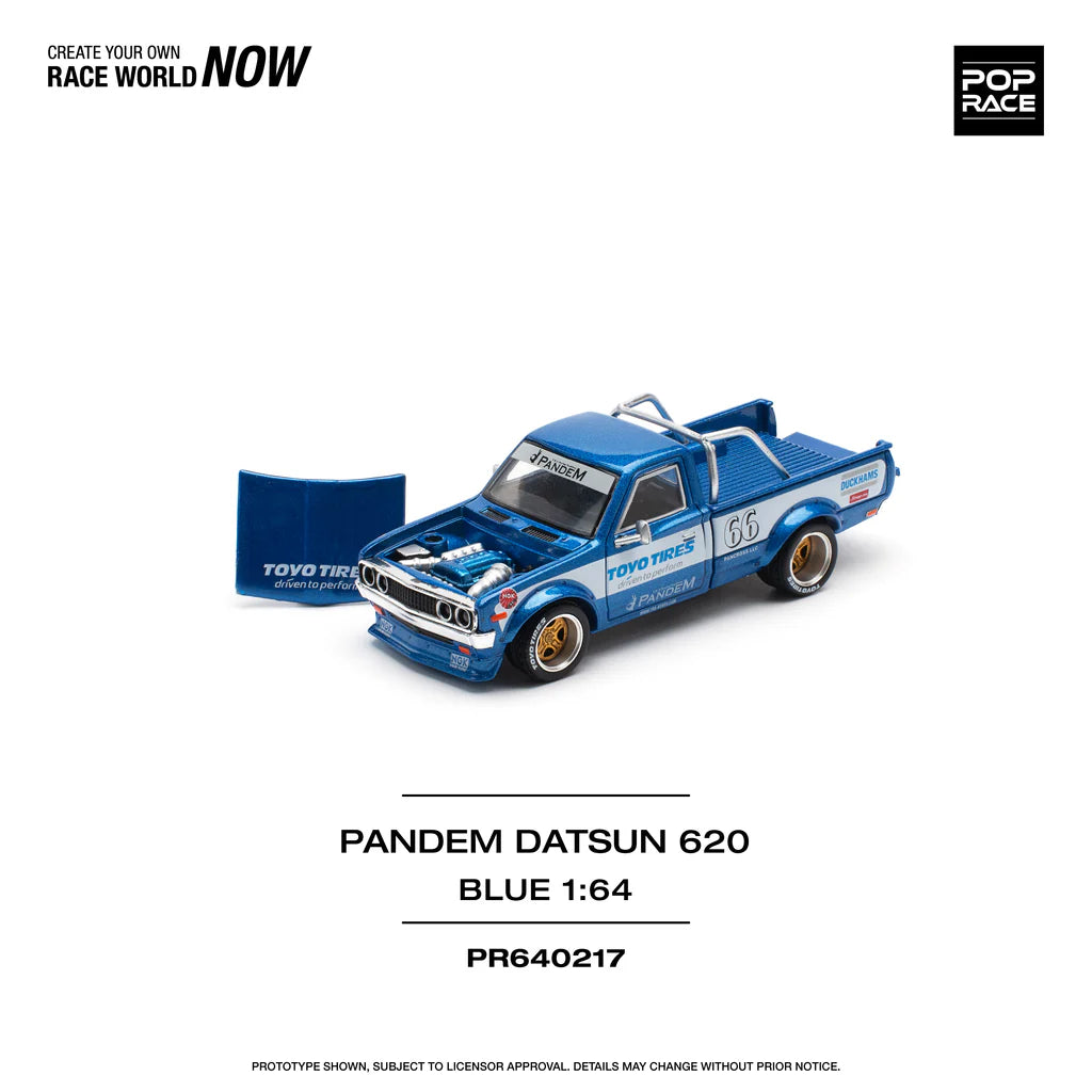 DATSUN 620 UTE PANDEM BLUE/WHITE TOYO TIRES - POP RACE 1:64