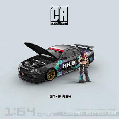 NISSAN SKYLINE GT-R R34 HKS LIVERY w/ Figure CA 1:64 Limited to 999pcs