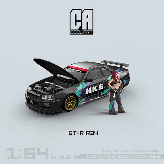 NISSAN SKYLINE GT-R R34 HKS LIVERY w/ Figure CA 1:64 Limited to 999pcs