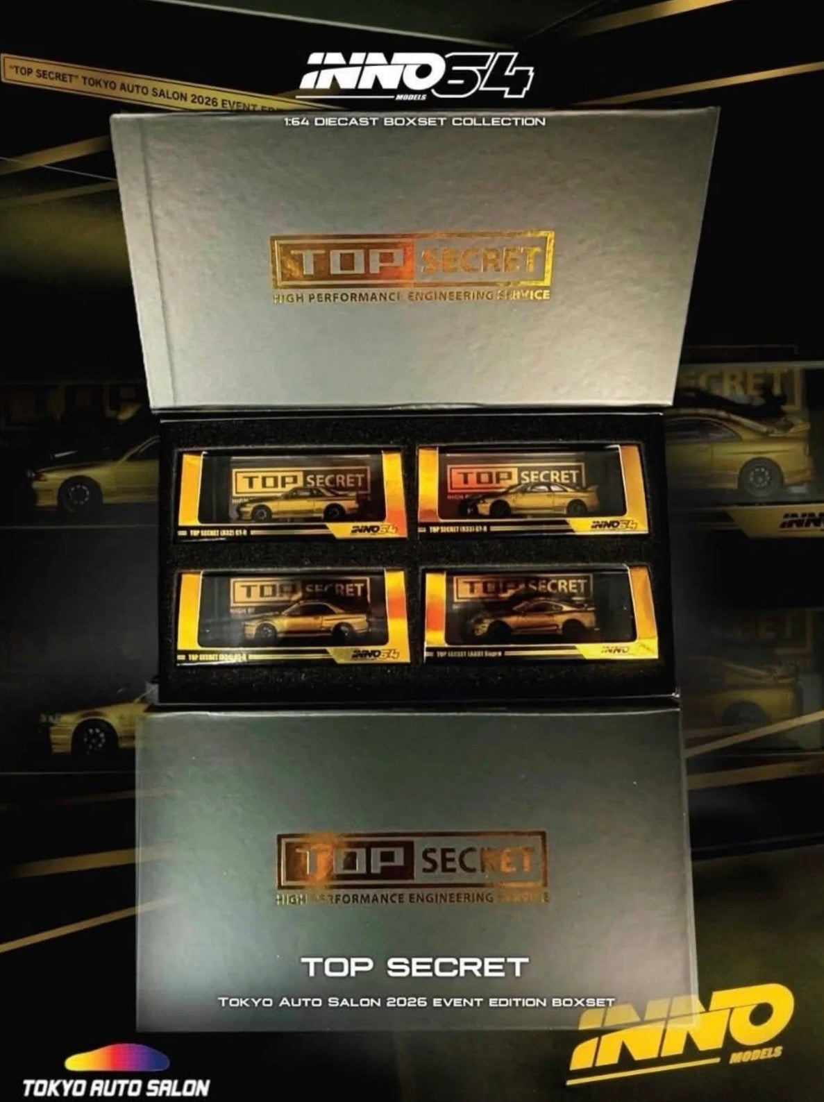 INNO64 TOP SECRET Box Set Collection R32/R33/R34/Supra A80 4-Car Bundle | 2026 Tokyo Autosalon Japan