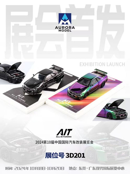 Nissan R34 GTR (Electroplating Black) - Exhibition Launch *LIMITED TO 999pcs* Aurora Model 1:64