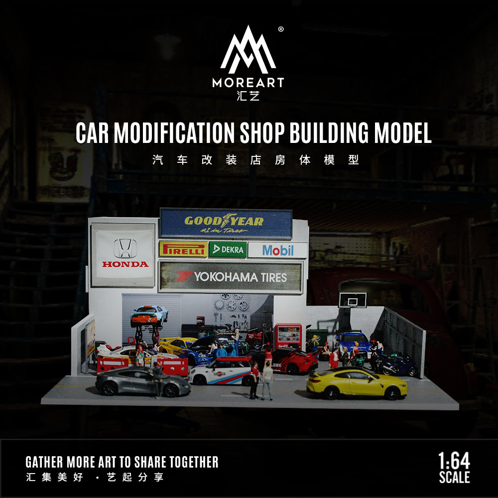 Car Modification Shop w/ LED lights Morearts 1:64