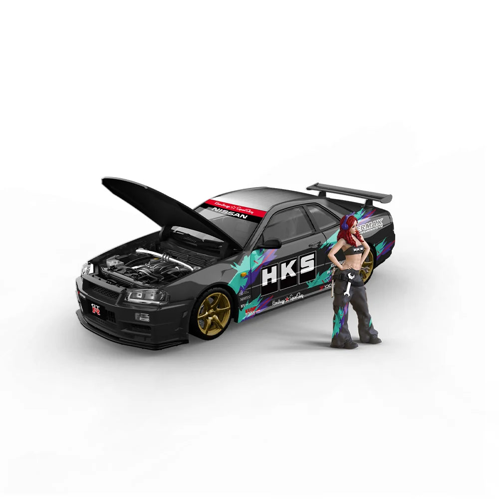 NISSAN SKYLINE GT-R R34 HKS LIVERY w/ Figure CA 1:64 Limited to 999pcs