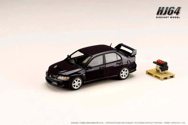 MITSUBISHI LANCER GSR EVO 8 IN BLACK MICA W/ENGINE DISPLAY HOBBY JAPAN 1:64